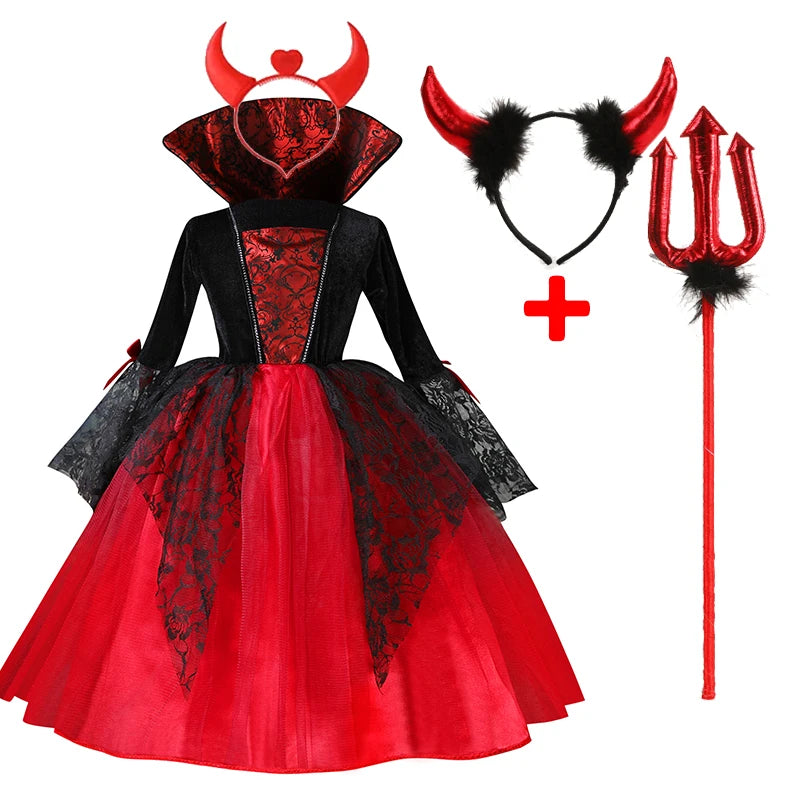 2025 Girls Cosplay Vampire Halloween Dress For Kids Ghost Bride Gothic Costume Count Vampiran Carnival Outfit Black Red Clothes