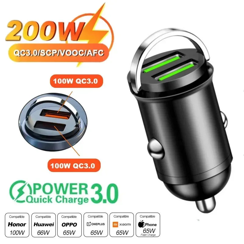 100W/200W QC3.0 PD Mini Car Charger 12-24V Lighter Fast Charging Car USB Type C Charger for Xiaomi Samsung Huawei iPhone Power - Urbizia