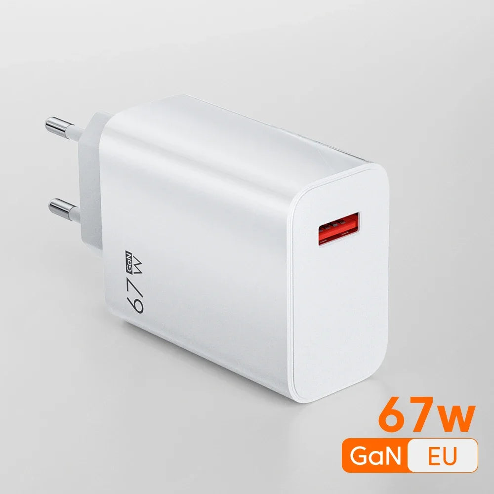 GaN 67W USB Charger Fast Charging EU/US/UK Plug Charger Adapter 10A Type C Cable For iPhone Samsung Xiaomi Huawei Quick Charger