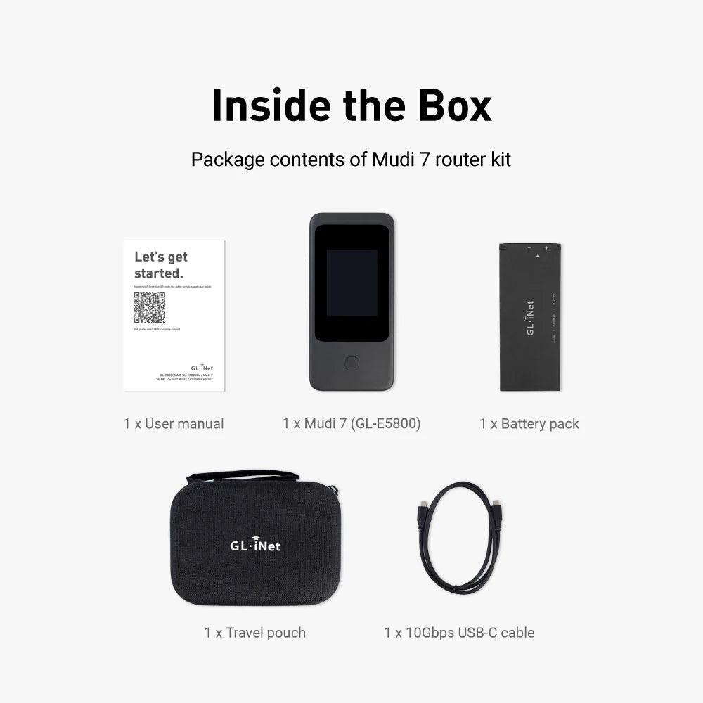 GL.iNet MUDI 7 GL-E5800 Wi-Fi 7 5G NR Travel Router Portable Mobile Hotspot Tri-Band with eSIM & Dual SIM Slot, 2.8" Touchscreen, Up to 5.76 Gbps, 2.5G Ethernet, 700Mbps VPN Secure, 13.5h Battery, for 4K Livestream