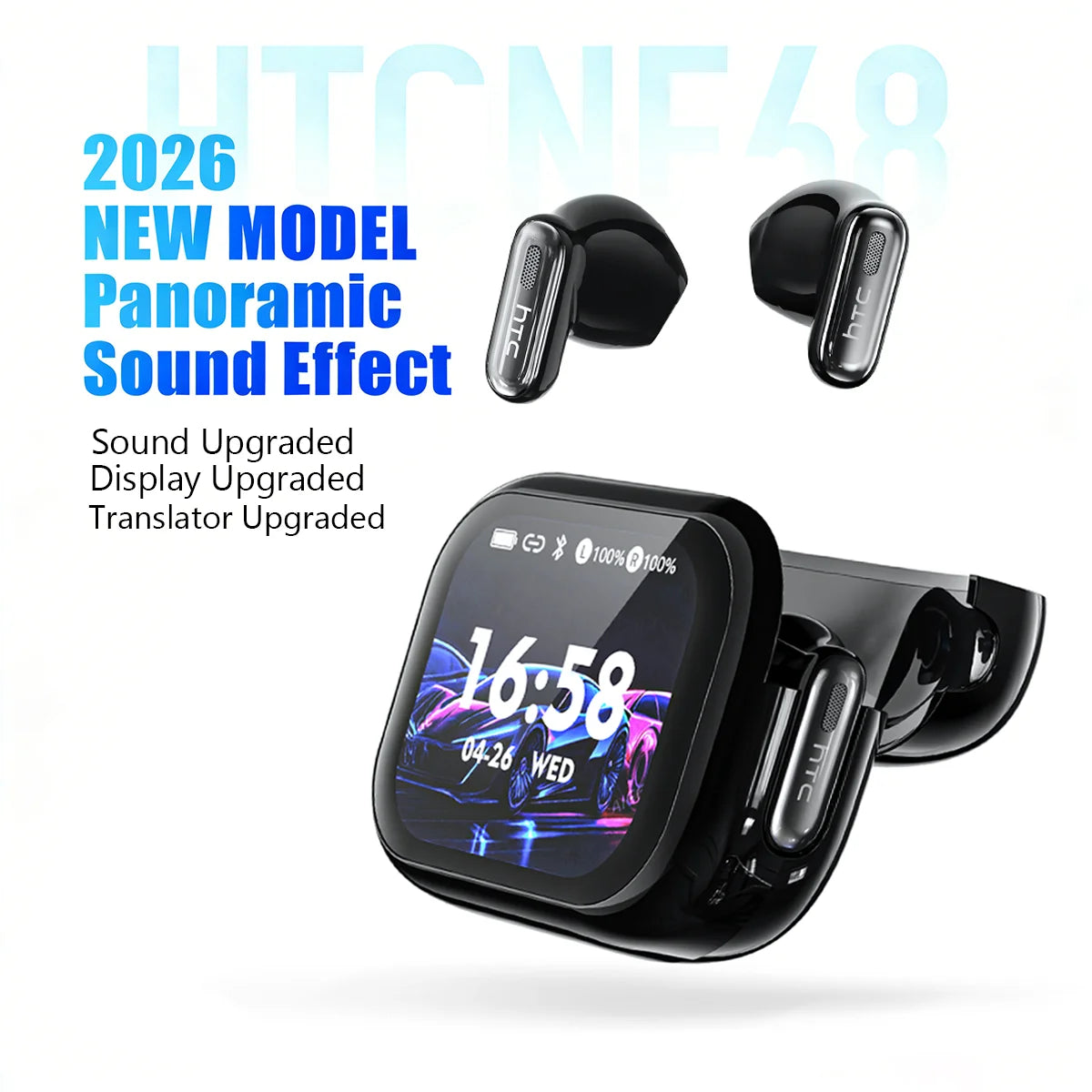 HD Screen Wireless Earphones Bluetooth Music Earbuds HTC NE68 150 Languages 30 Hour Battery Life Clear Audio Comfortable Wearing