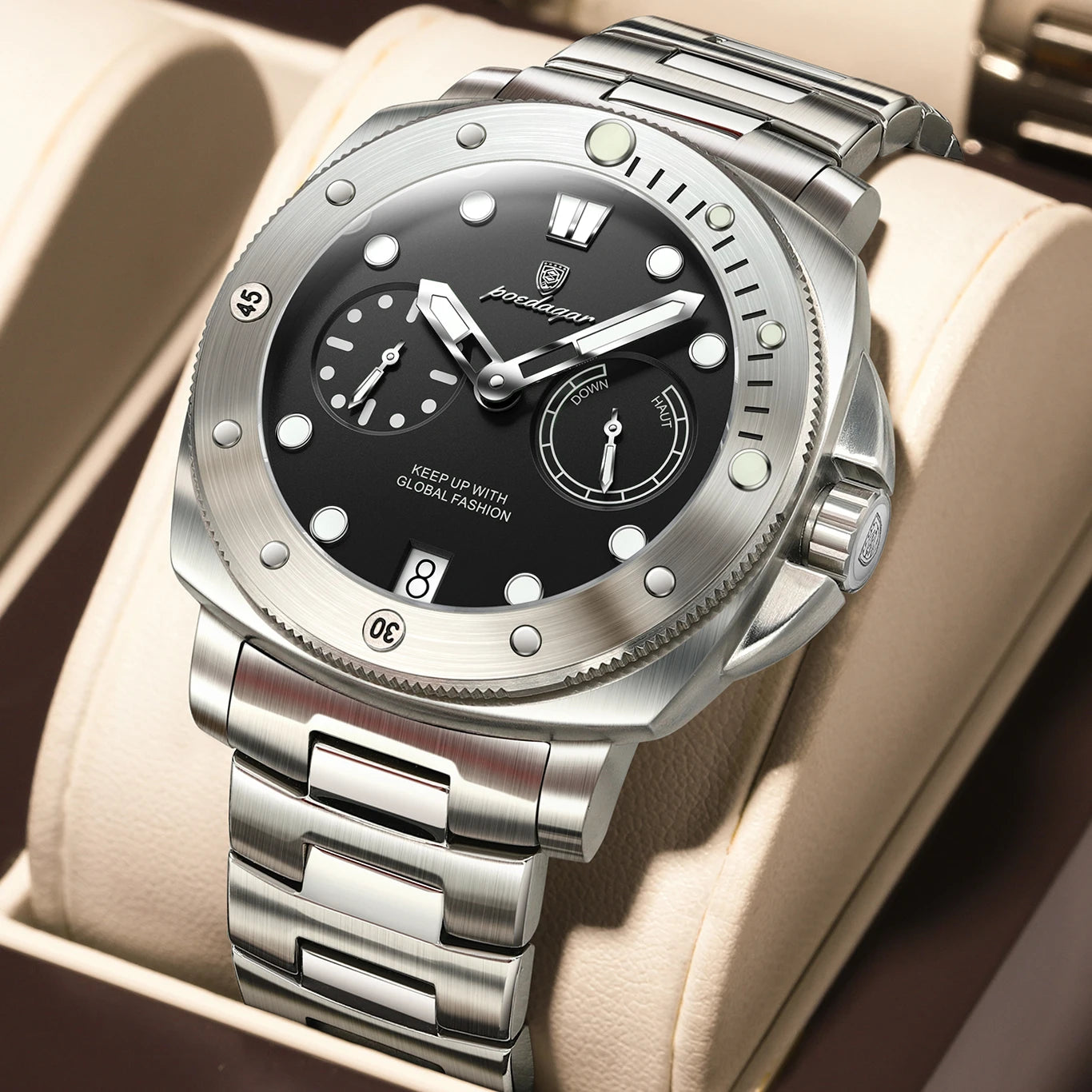 POEDAGAR Luxury Man Wristwatch Top Luminous Waterproof Date Men Clock High Quality Stainless Steel Men's Quartz Watches Male+Box