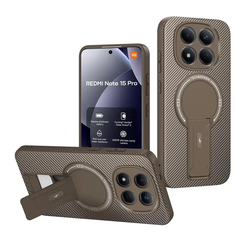 Luxury Magnetic Carbon Stand Case For Redmi Note 15 Pro Plus 5G / POCO M8 Pro 5G Wireless Charing Phone Back Cover Shockproof