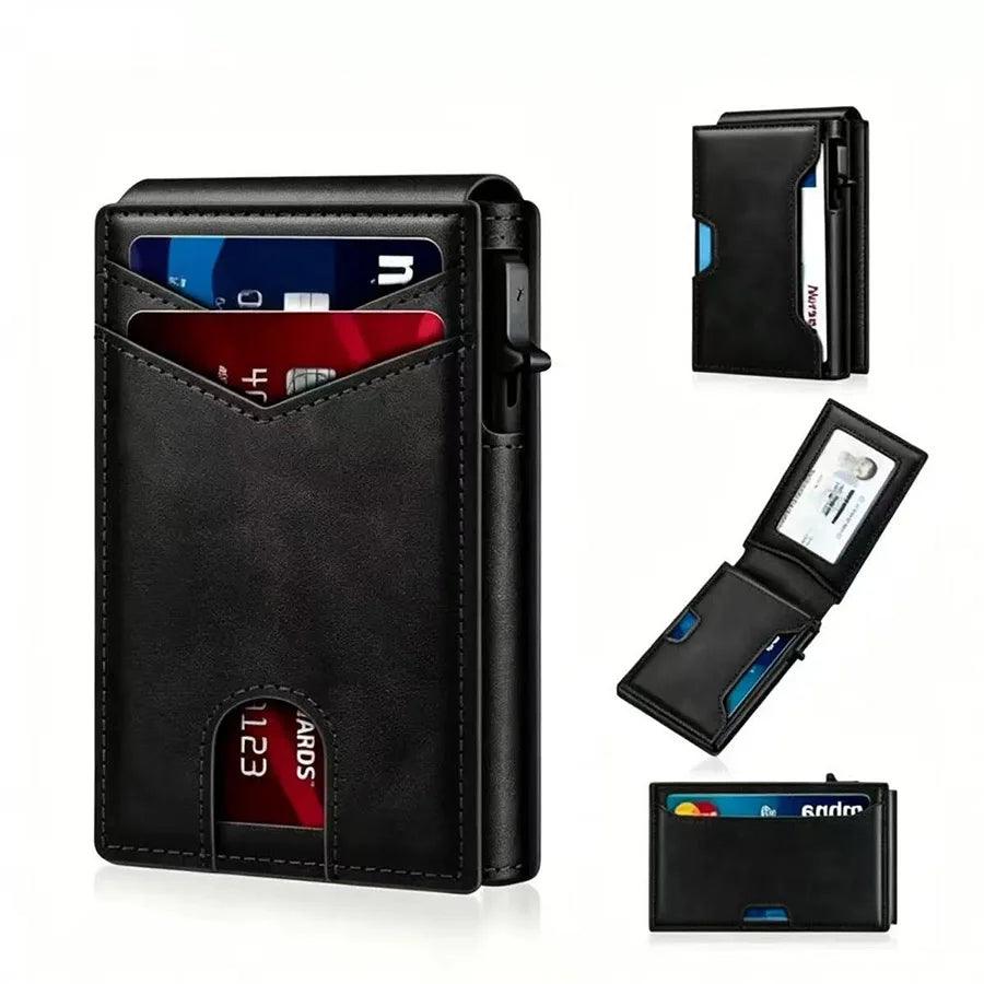Men Vintage Leather Wallet RFID Blocking Aluminum Auto Pop Up Credit Card Holder for Men
