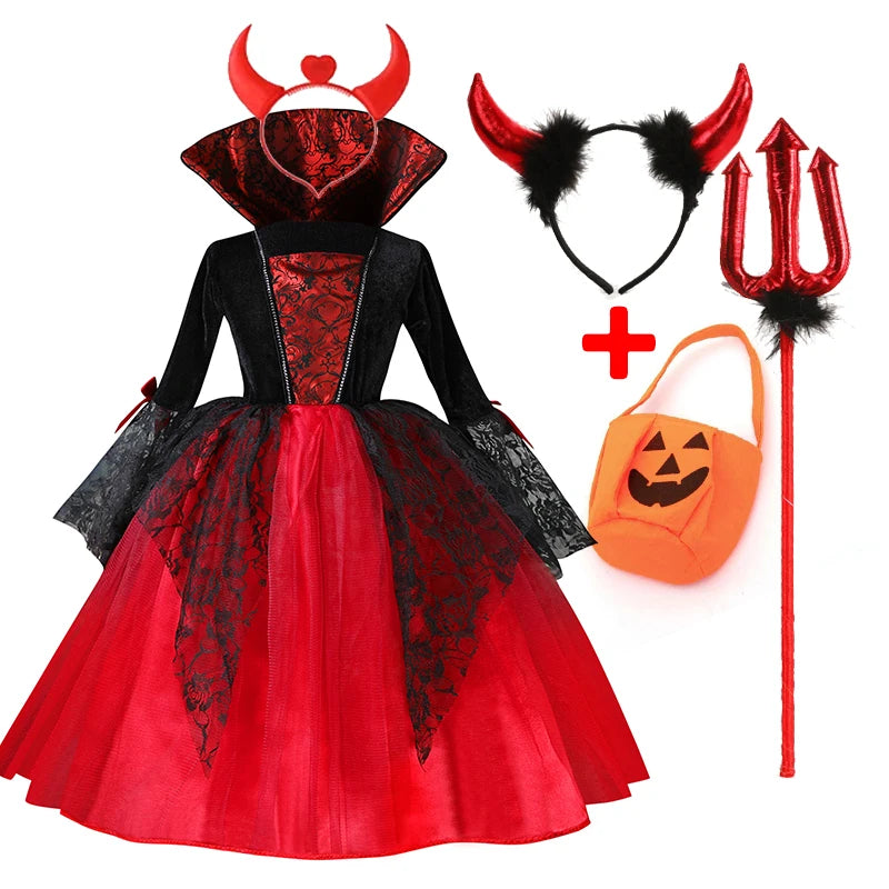 2025 Girls Cosplay Vampire Halloween Dress For Kids Ghost Bride Gothic Costume Count Vampiran Carnival Outfit Black Red Clothes
