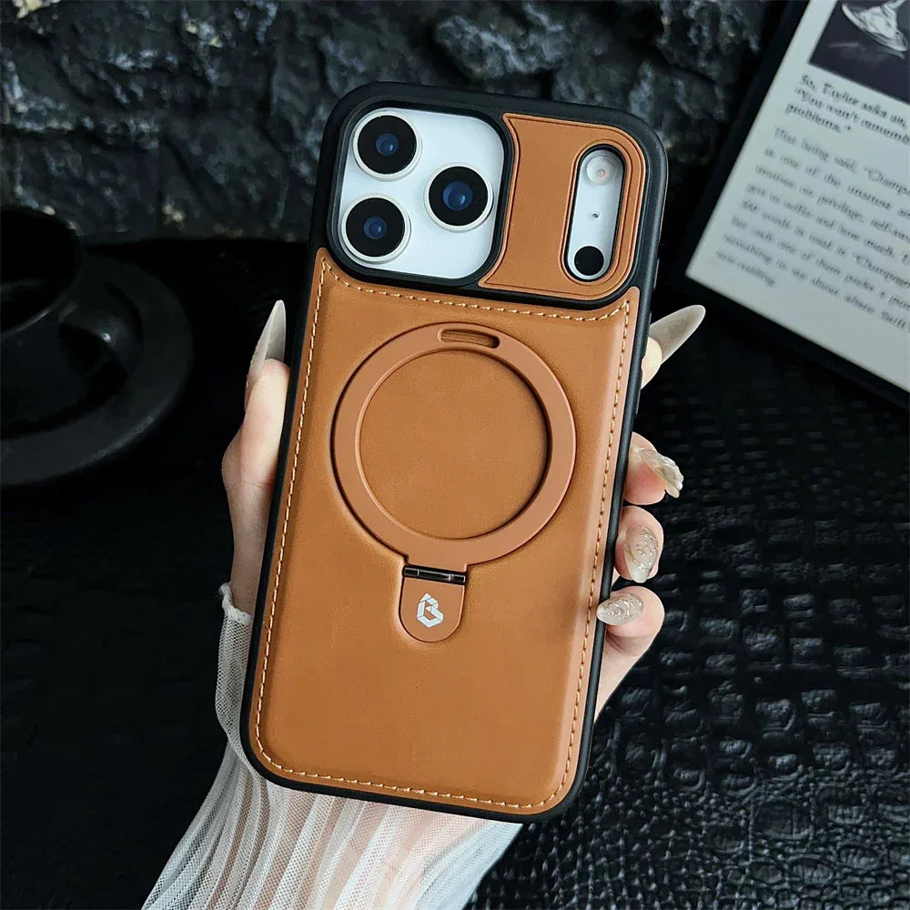 Luxury Magnetic Stand Ring PU Leather Case For iPhone 17 Air 16 Pro Max 15 14 13 12 Magsafe Wireless Charging Hollow Logo Cover