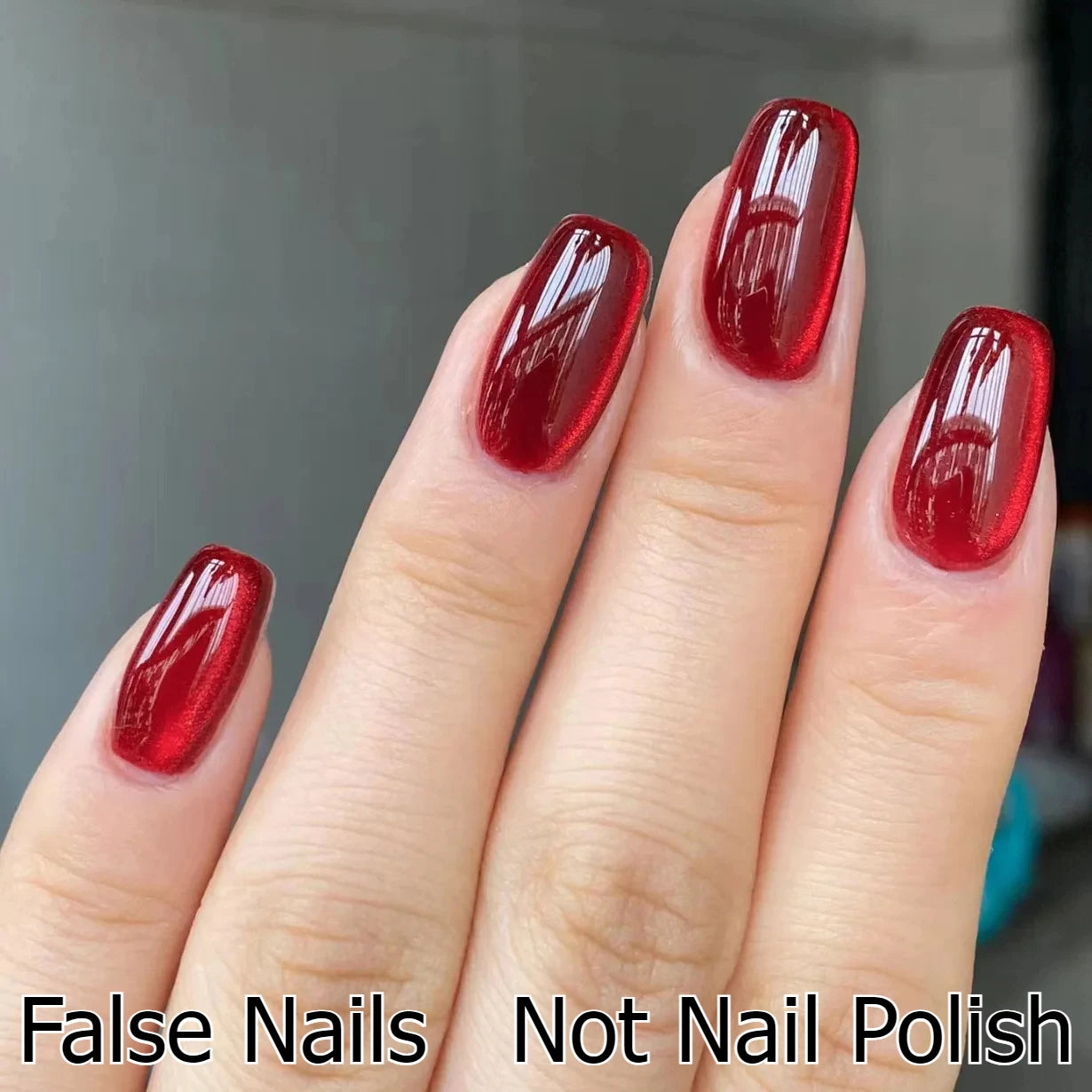 Sparkling Red Cat Eye Fake Nails – Solid Color Press-On Halloween Nails with Glue