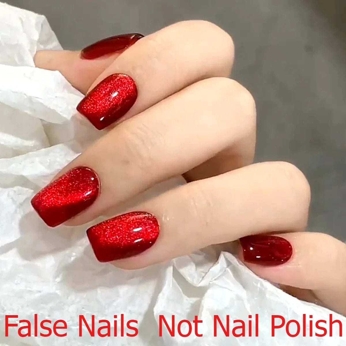 Sparkling Red Cat Eye Fake Nails – Solid Color Press-On Halloween Nails with Glue