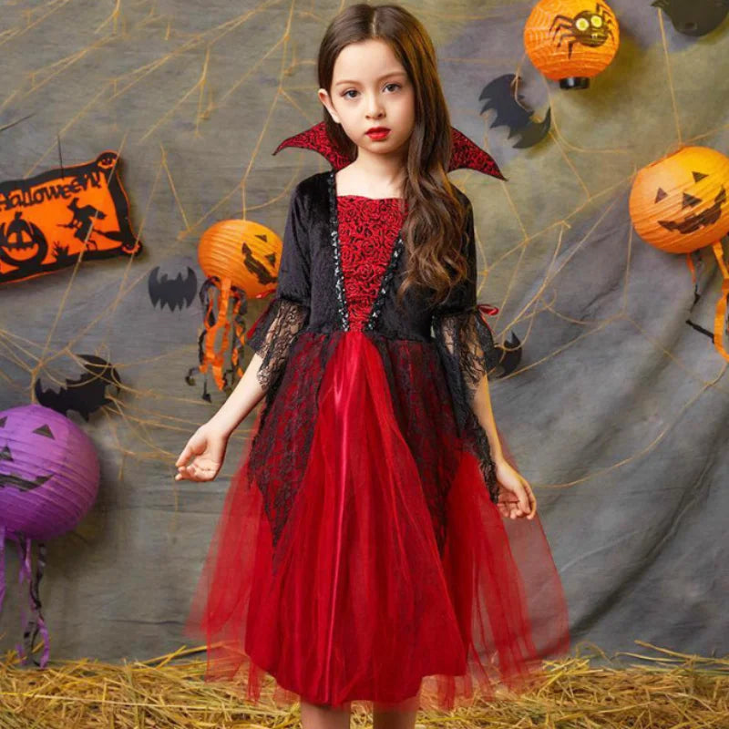 2025 Girls Cosplay Vampire Halloween Dress For Kids Ghost Bride Gothic Costume Count Vampiran Carnival Outfit Black Red Clothes