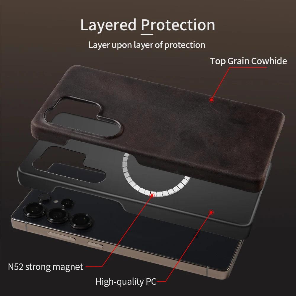 Retro for Magsafe Case for Samsung Galaxy S26 S24 S25 Ultra Plus S26+ Luxury Genuine PULL-UP Leather Magnetic Phone Back Cover