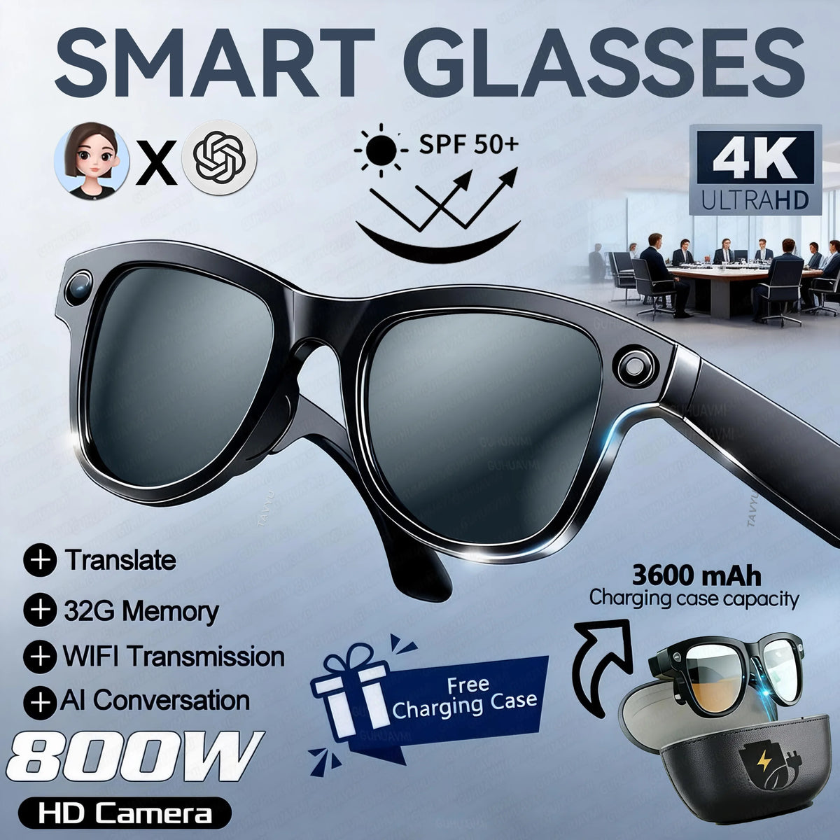 2026New 8MP 4K HD Camera AI Glasses Men 3600mAh Power Bank 32G Memory 160+ Translation Glasses Waterproof Smart Sunglasses Women