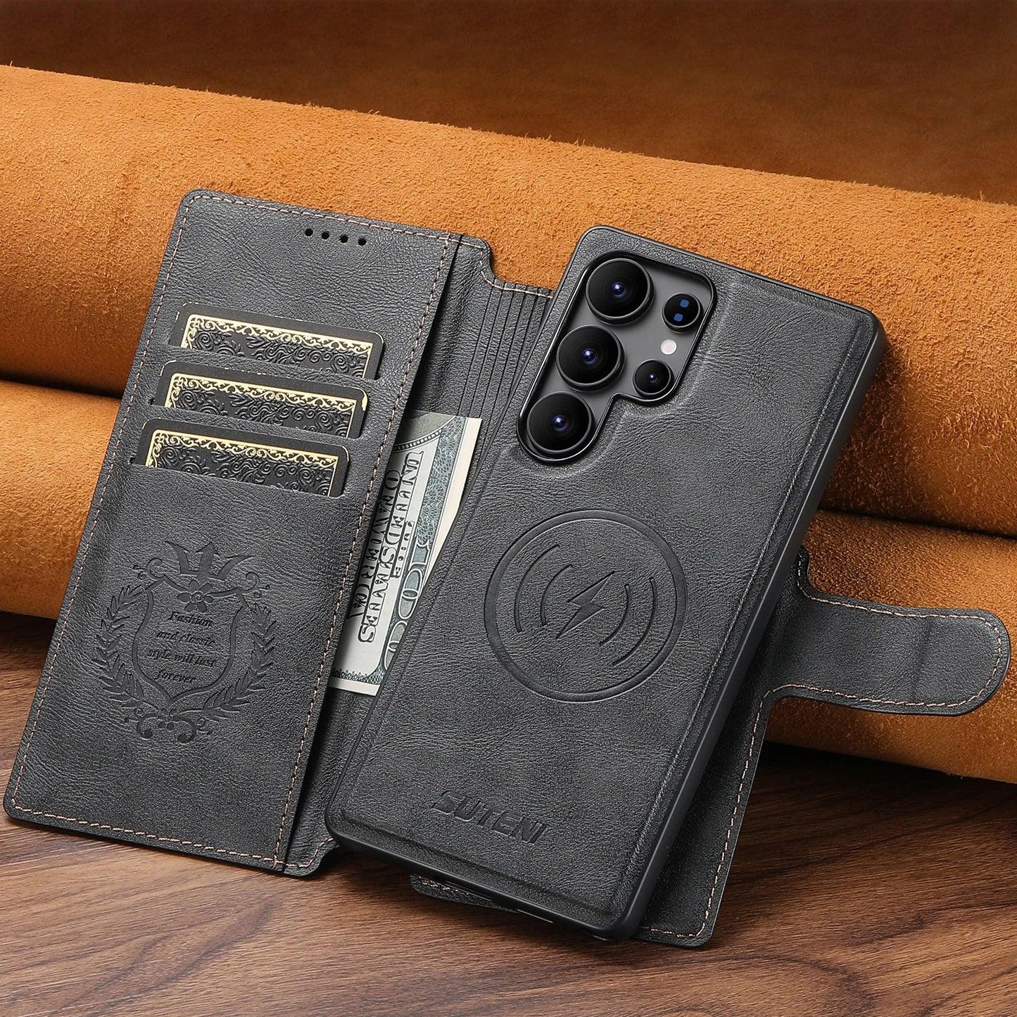 SUTENI PU Leather Wireless Charging Card Holder Stand Wallet Magnetic Flip Cover Phone Case For Samsung Galaxy S25 Ultra S24 S23