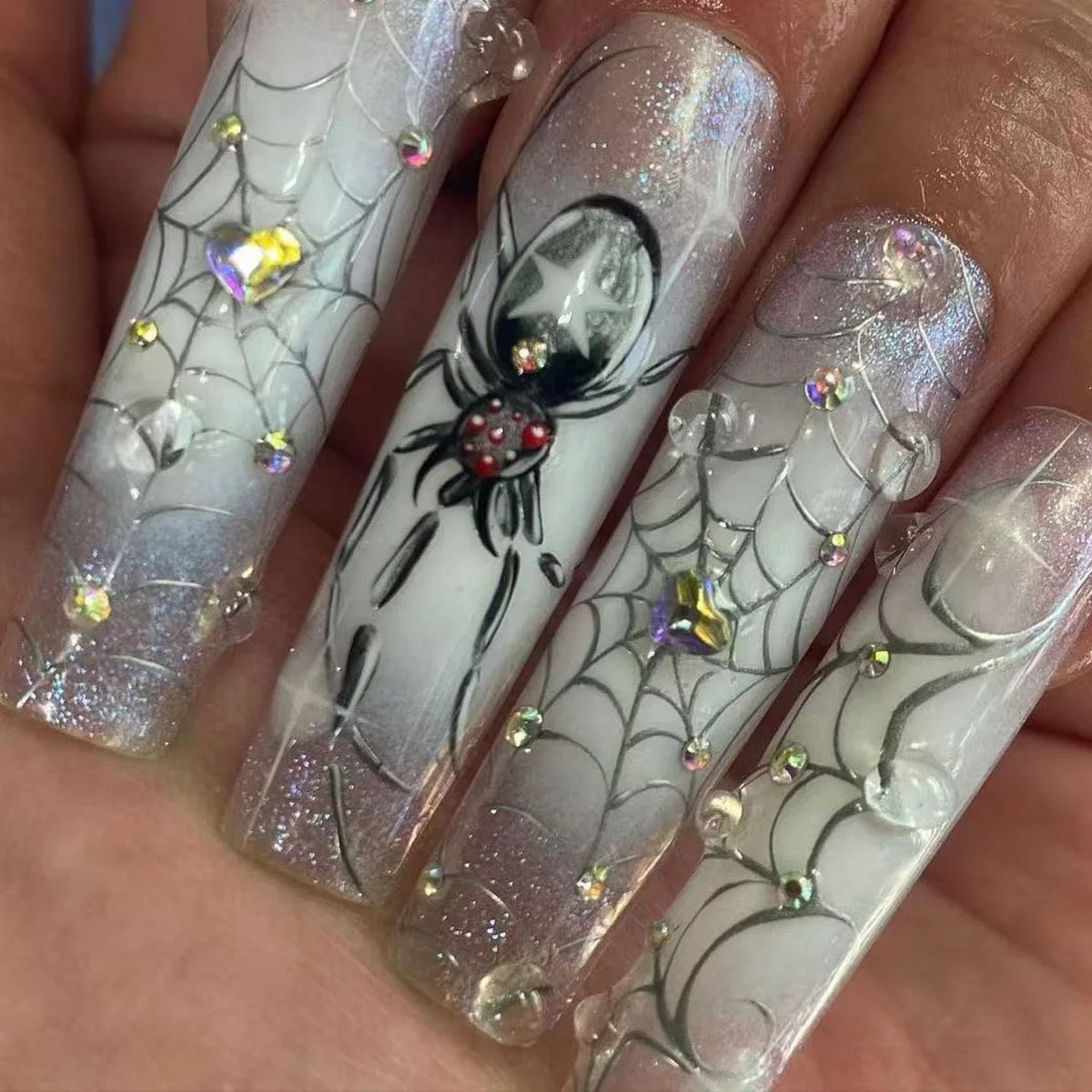 24pcs Silver Spider Design Press-On Nails – Gothic Punk Almond Shaped Halloween False Nail Tips
