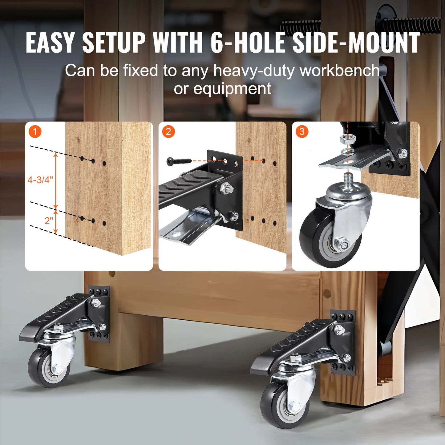 SucceBuy 165 lbs 2.5" Set of 4 Workbench Caster Wheels Side Mounted Retractable Stepdown Wheel 360° Swivel for Tables Equipment