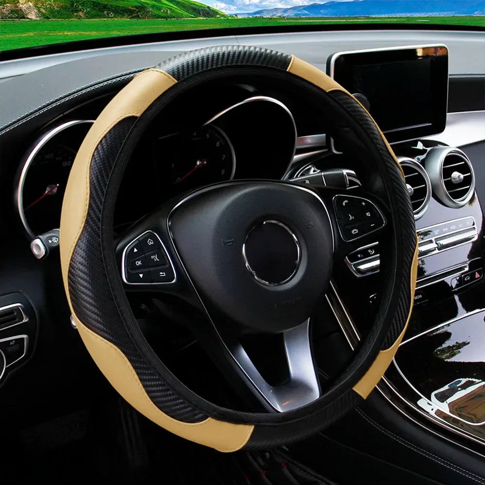 PU Carbon Fiber Leather Car Steering Wheel Cover without Inner Ring Suitable for 14.5-15 Inches of Automotive Supplies - Urbizia
