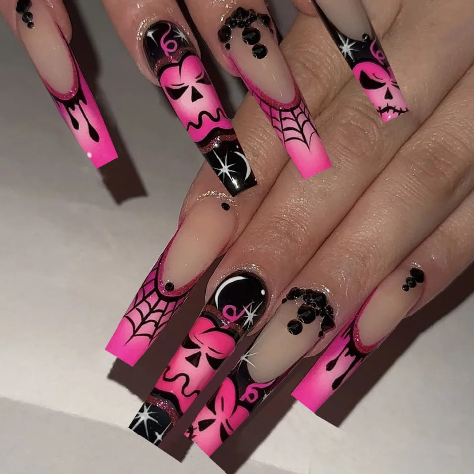 24Pcs Glitter Pink Sequins Fake Nails – Halloween Skull & Love Print Ballet Press-on Nails
