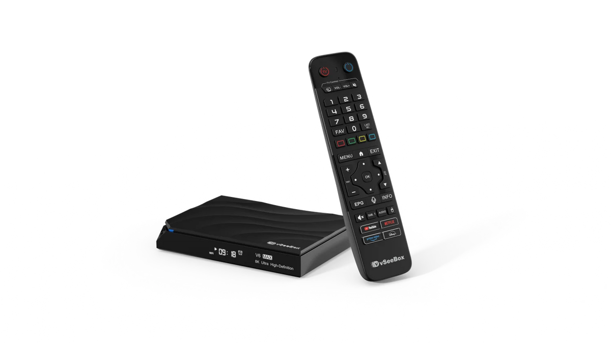 vSeeBox V6 Max 2026 Newest Version, Android 14, 4GB RAM 64GB Storage, Voice Control, WiFi 6, Parental Control, 8K HDMI, Complete Kit with Remote, HDMI Cable, Power Adapter & Setup Guide