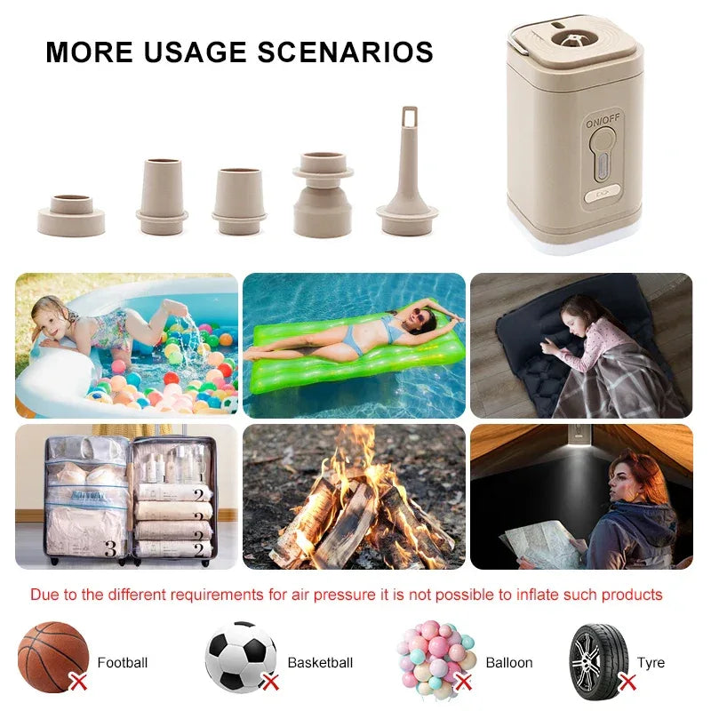3 in 1 Mini Electric Inflatable Pump with Lights Wireless Air Compressor Inflate Deflate Air Pumps for Hiking Camping Equipment