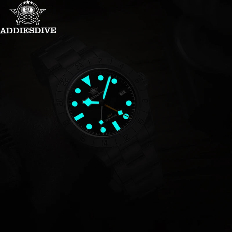 ADDIESDIVE New Luxury Men's Watch 200 Waterproof Stainless Steel Quartz Watch BGW9 Super Blue Luminous GMT Stainless Steel Watch