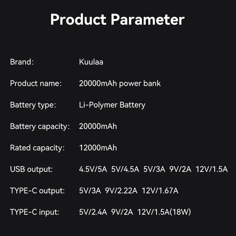 KUULAA 20000mAh PD+QC3.0 Power Bank 22.5W Type-C Portable Charger for iPhone 17 16 15 Samsung Xiaomi Redmi Poco