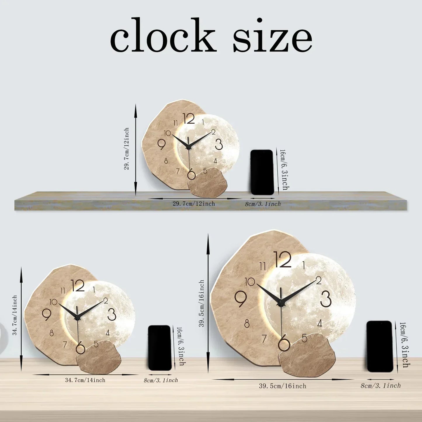 Modern Simple Silent Wall Clock, Moon Design - Quartz Movement, Wooden Material, for Bedroom, Living Room or Office Decoration - Urbizia