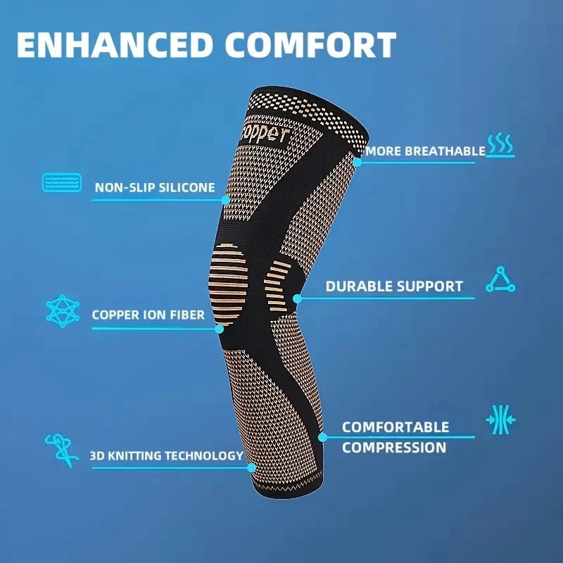 1pc/2pcs Copper Compression Knee Sleeves, Stretchable Full Leg Support Knit Fabric Knee Brace Breathable
