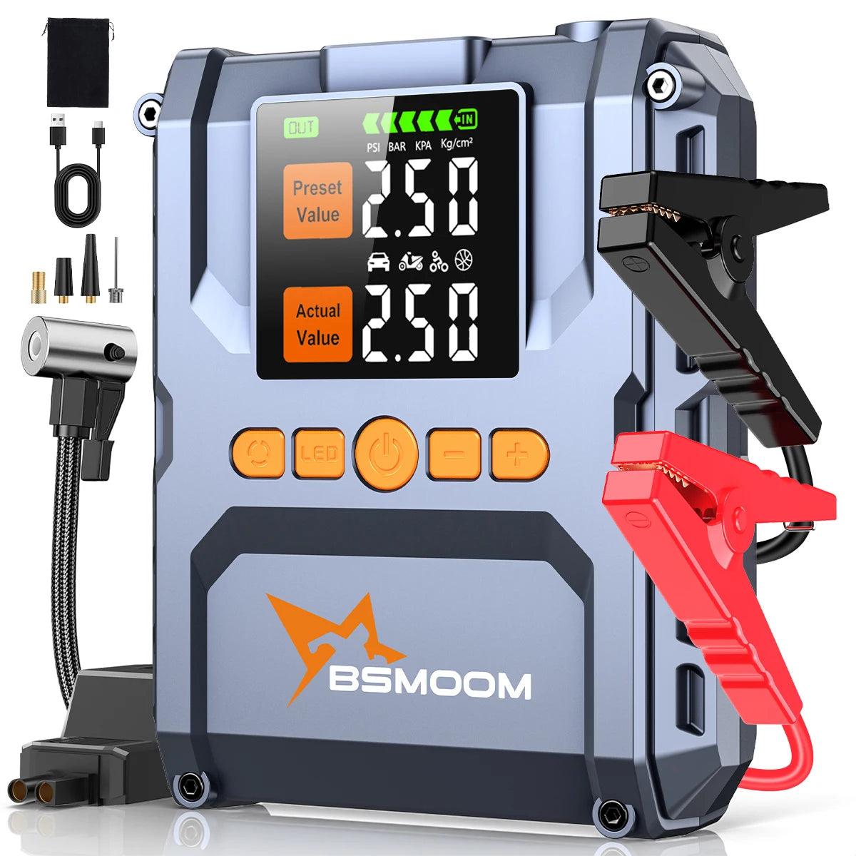 1500A Peak Car Battery Starter Kit, Featuring a 150 PSI Air Compressor, Jump Cable Box, Portable Starter for 12L of Gasoline/10.0L of Diesel Engines, LCD Display, 3-Mode LED Flashlight, Fast Charging USB-C, Lithium Polymer Ba
