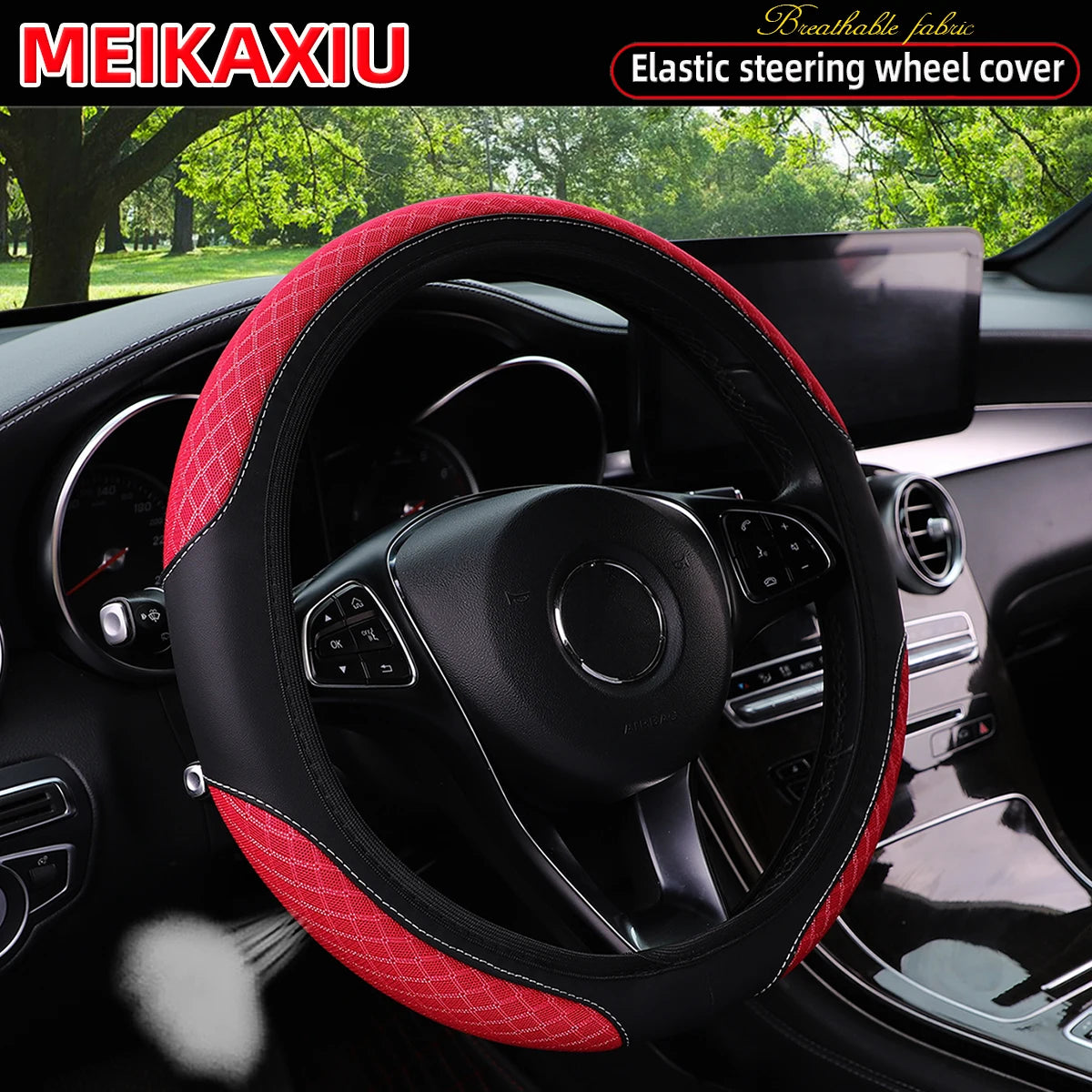 3D Double-Layer Mesh Breathable PU Leather Steering Wheel Cover Universal Fit Rimless for Cars 14.5-15 Inch FOR WONMEN