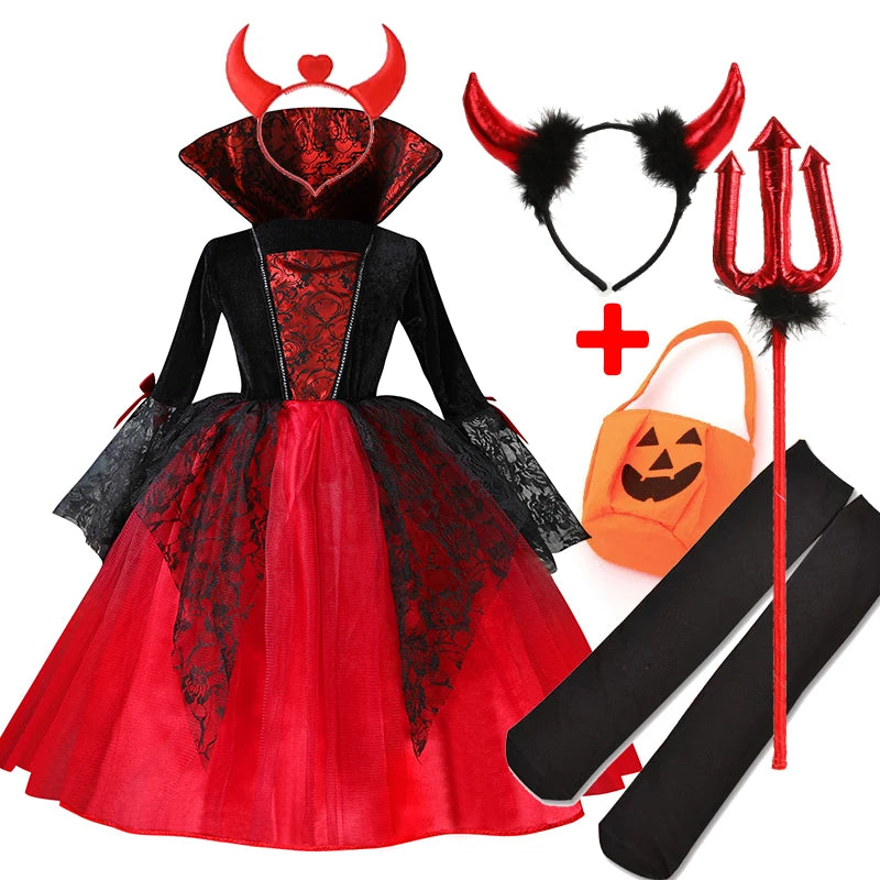 2025 Girls Cosplay Vampire Halloween Dress For Kids Ghost Bride Gothic Costume Count Vampiran Carnival Outfit Black Red Clothes