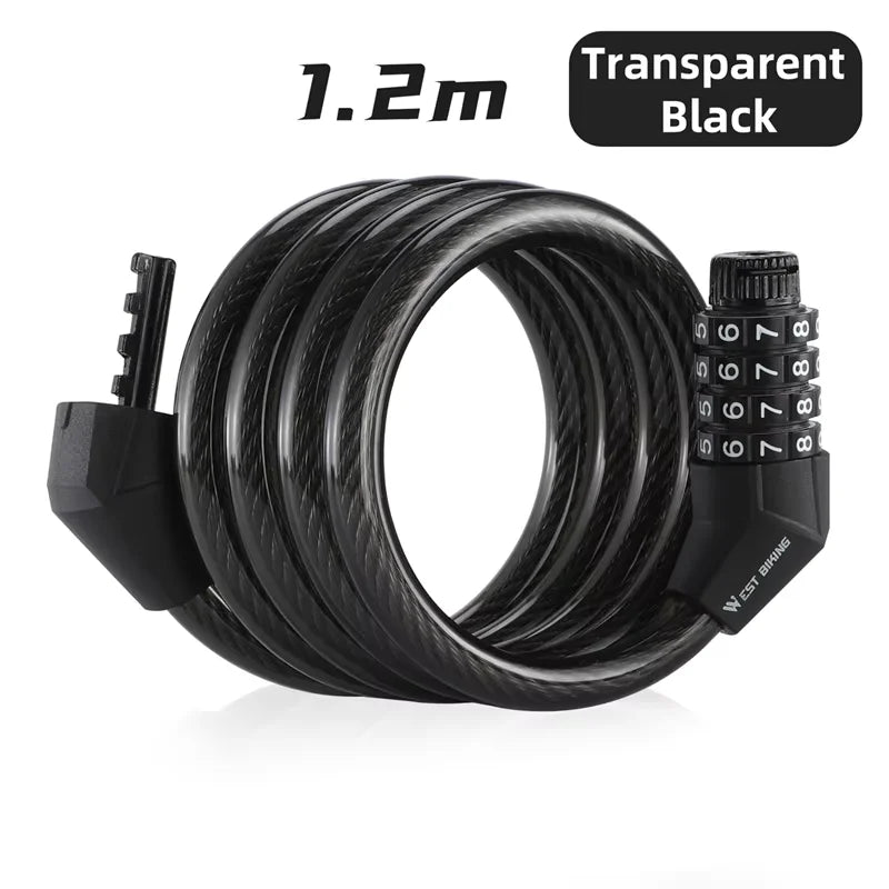 WEST BIKING Bicycle Lock 4 Digit Code 120cm Portable Anti-theft Steel Cable Lock Electric Scooter Security Cycling Accessories