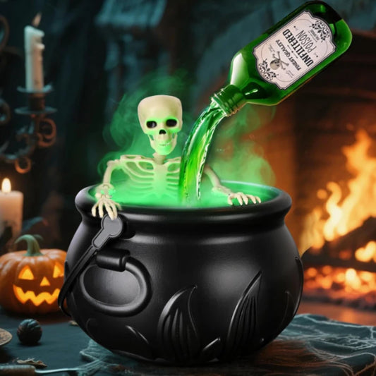 Halloween Cauldron Decoration – Floating Wizard Bowl with Fog & Skeleton Props
