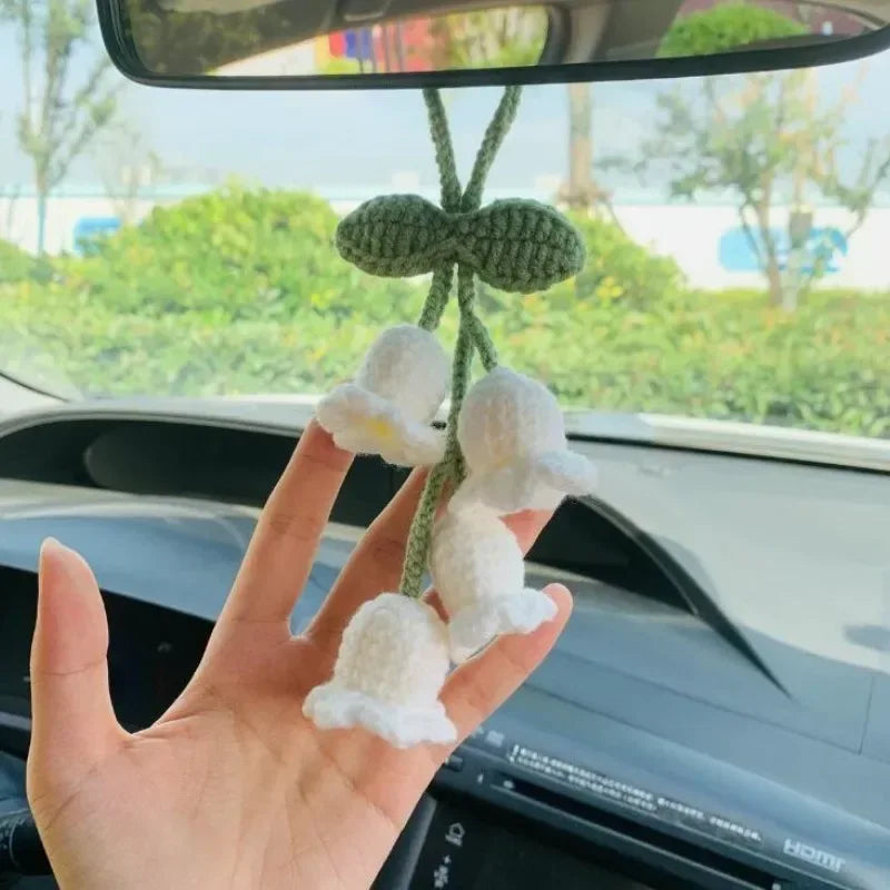 Lily Handmade Crochet Car Pendant Decoration Bluebell Flower Rearview Mirror of The Car Hanging Keychain Accessories Woman Gift - Urbizia