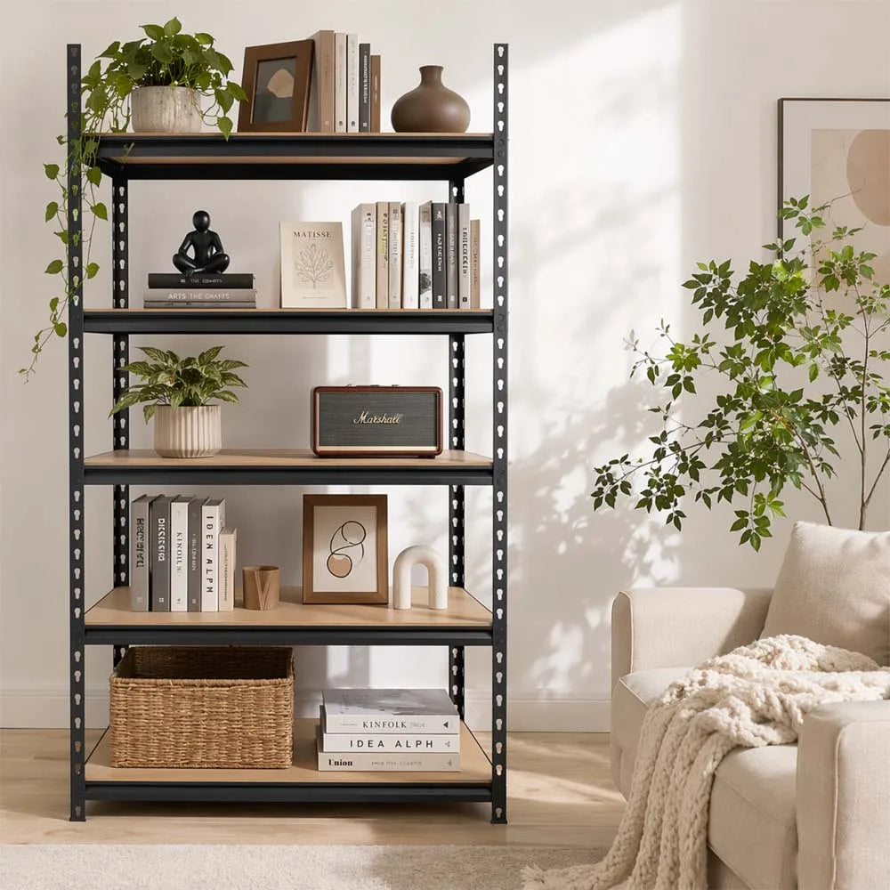 5-Tier Garage Shelving Heavy Duty Adjustable Metal Storage Rack with MDF Shelves, Utility Rack Shelf for Warehouse Pantry Closet Basement, 39.4" W x 19.7" D x 72" H, Black
