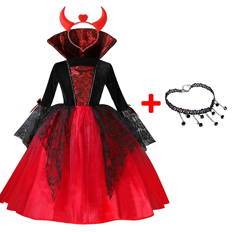 2025 Girls Cosplay Vampire Halloween Dress For Kids Ghost Bride Gothic Costume Count Vampiran Carnival Outfit Black Red Clothes