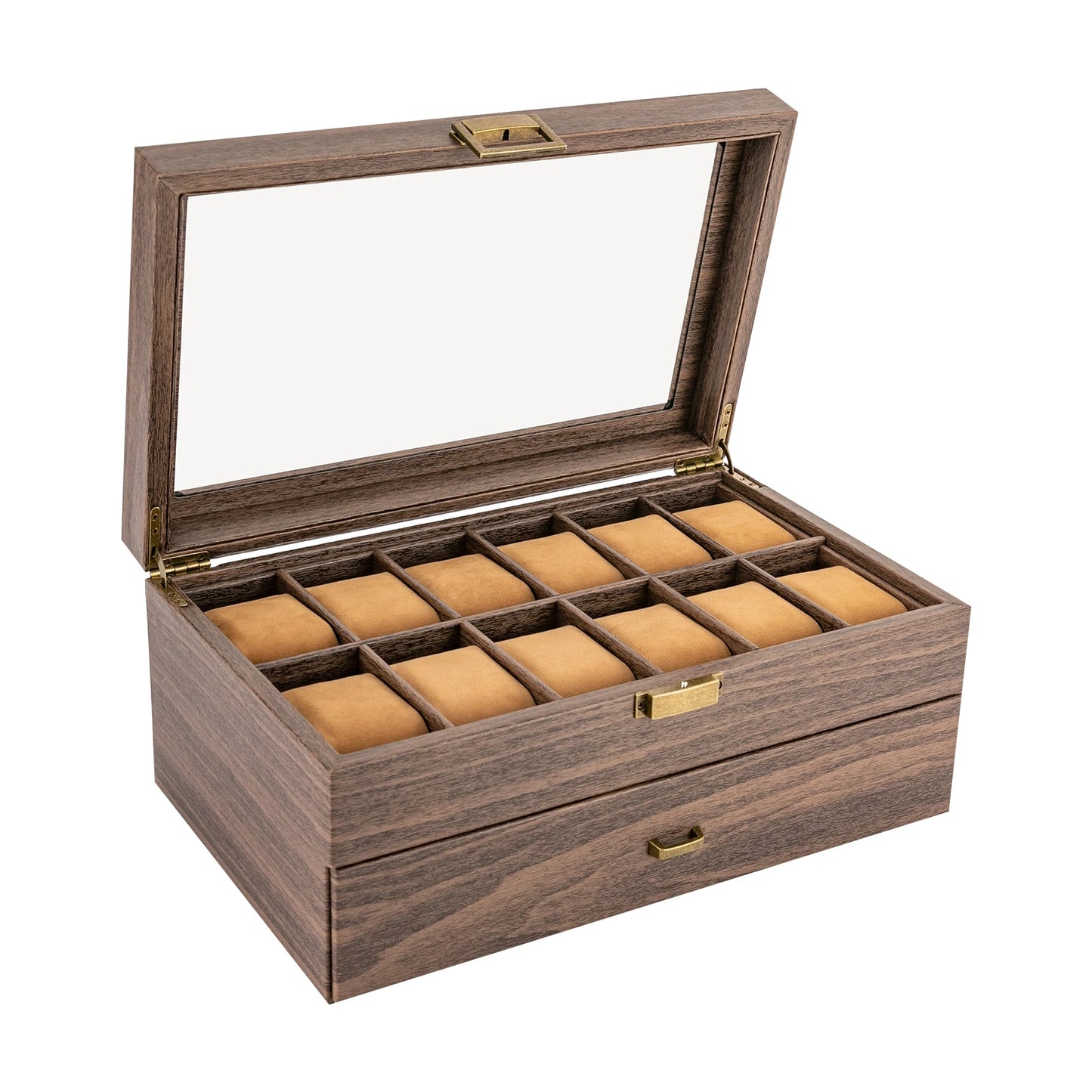 24-Bit Watch Box, 2-Tier Rustic Brown Watch Display Case with Glass Window, Tabletop Jewelry Storage Organizer for Men & Women