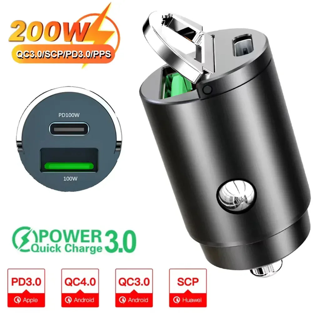 100W/200W QC3.0 PD Mini Car Charger 12-24V Lighter Fast Charging Car USB Type C Charger for Xiaomi Samsung Huawei iPhone Power - Urbizia