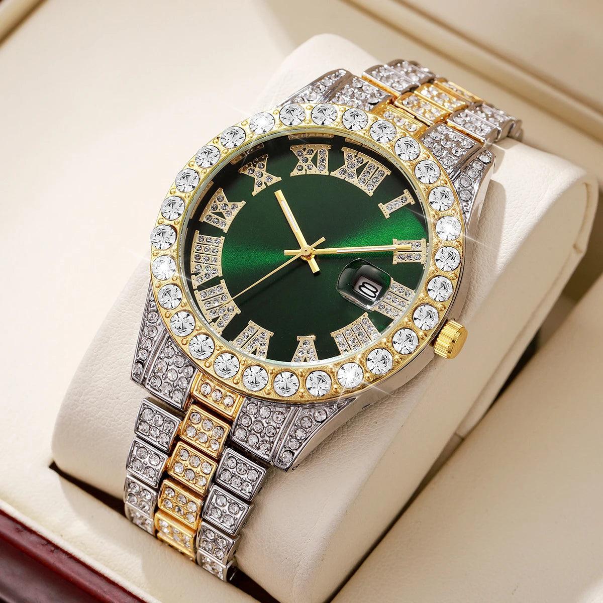 Luxury Full Diamond Men Calendar Quartz Watch Fashion Stainless Steel Band Male Quartz Wristwatches Date Clock Reloj Hombre