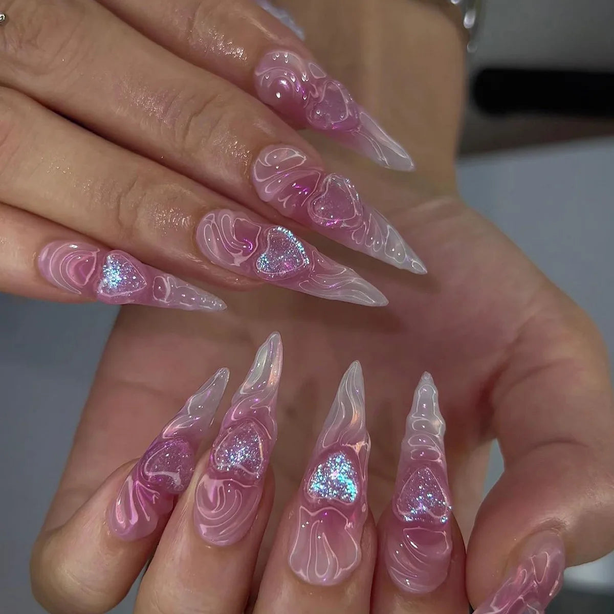 24Pcs Black Y2K Fake Nails with Diamond – Long Almond Butterfly Design Halloween Press-on Nails