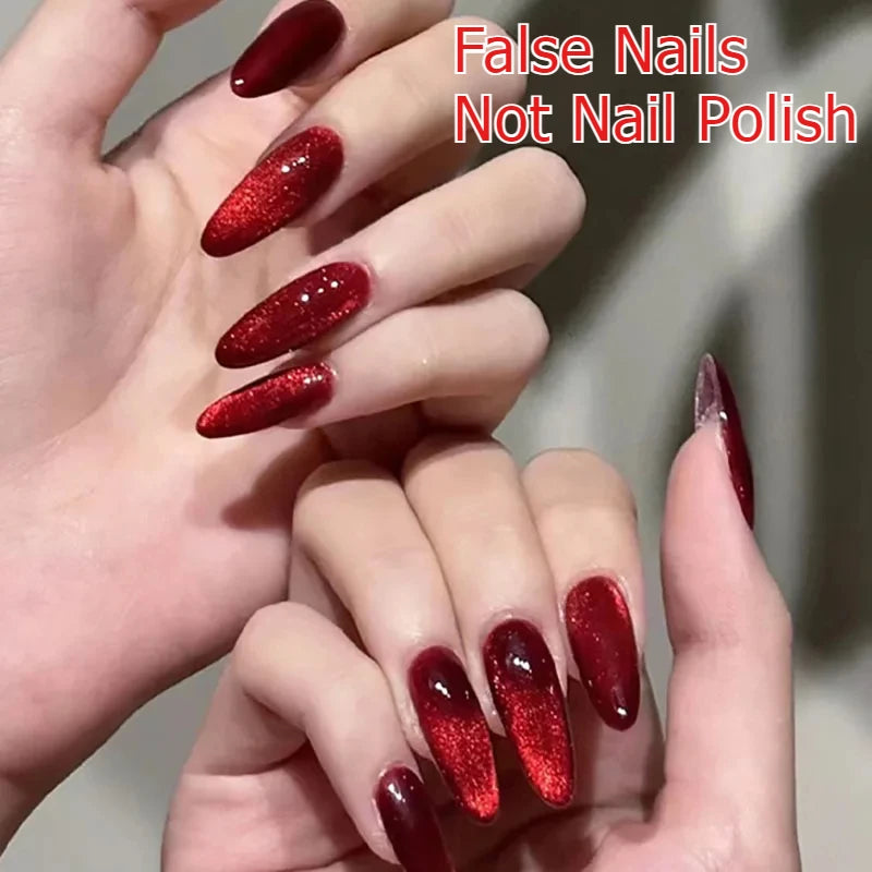 Sparkling Red Cat Eye Fake Nails – Solid Color Press-On Halloween Nails with Glue
