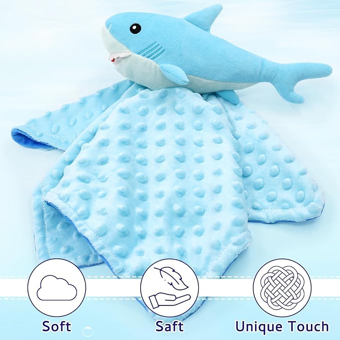 Shark Baby Security Blanket – Soft Plush Lovey 15" Blue Minky Dot - Urbizia