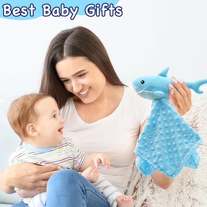 Shark Baby Security Blanket – Soft Plush Lovey 15" Blue Minky Dot - Urbizia