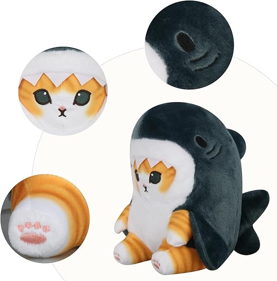 Shark Cat Plush Toy – Kawaii Fried Shrimp Shark Stuffed Animal 8" Blue - Urbizia