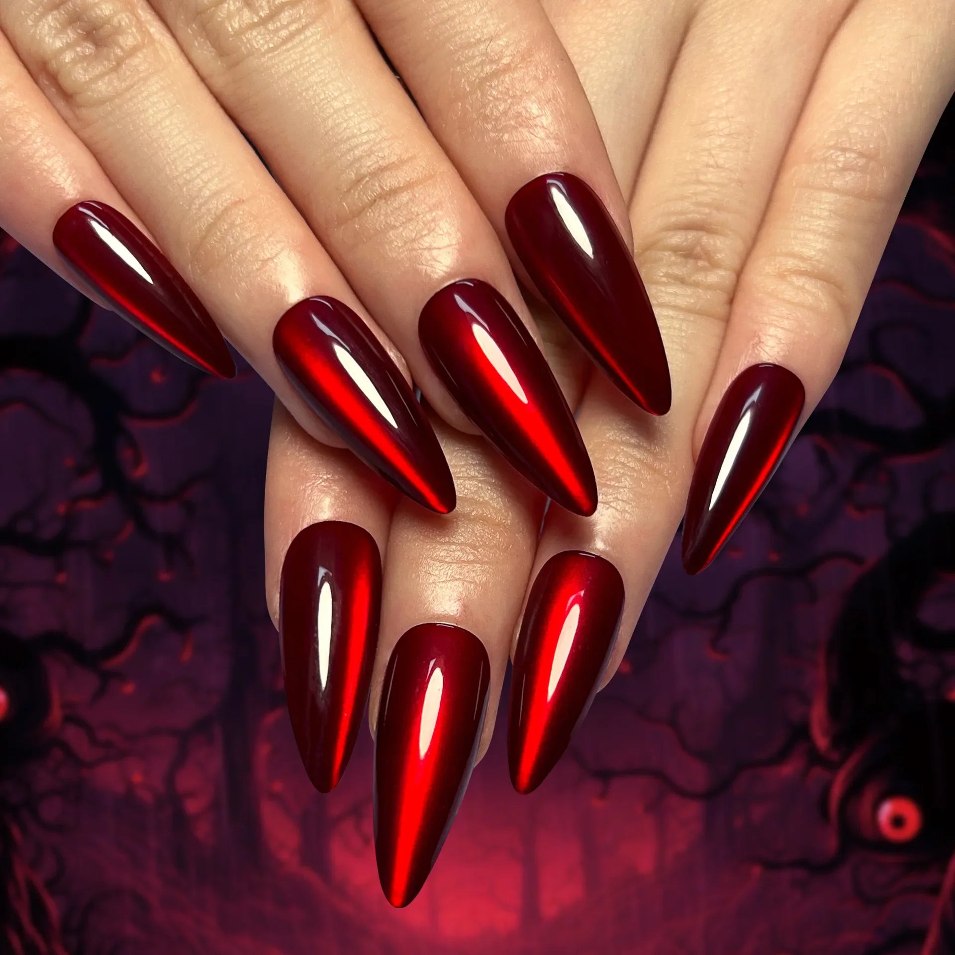 Sparkling Red Cat Eye Fake Nails – Solid Color Press-On Halloween Nails with Glue