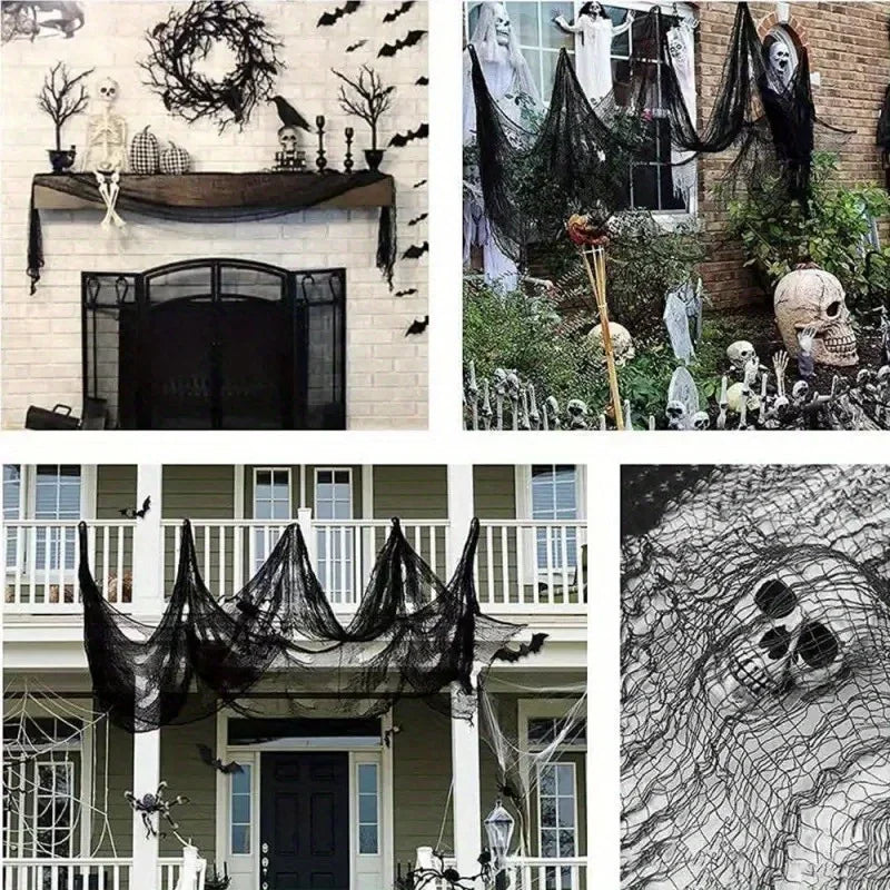 Spider Web Hanging Cloth with Skeleton Bat – Halloween Decoration (1/2/3pcs)
