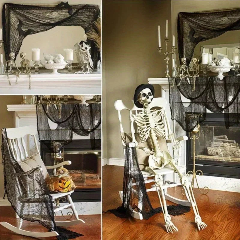 Spider Web Hanging Cloth with Skeleton Bat – Halloween Decoration (1/2/3pcs)