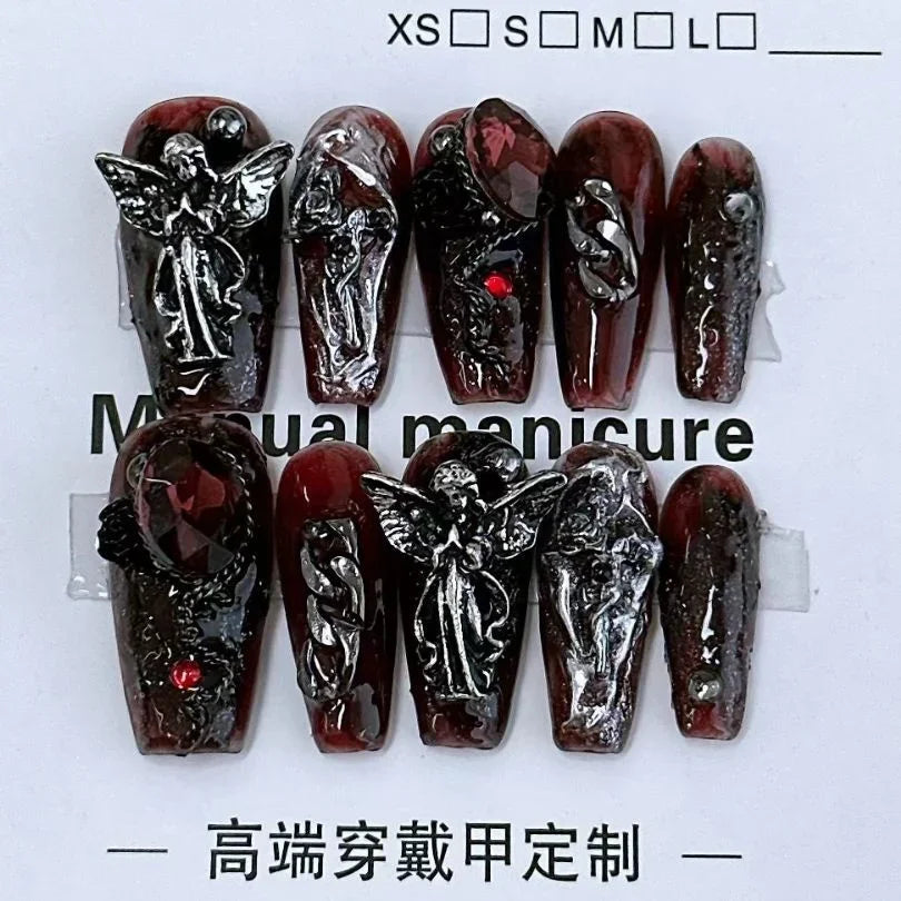 Sweet Cool Dark Style Handmade Fake Nails – Star River & Scarlet Angel Halloween Nail Art Patches