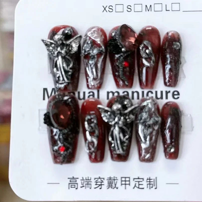 Sweet Cool Dark Style Handmade Fake Nails – Star River & Scarlet Angel Halloween Nail Art Patches