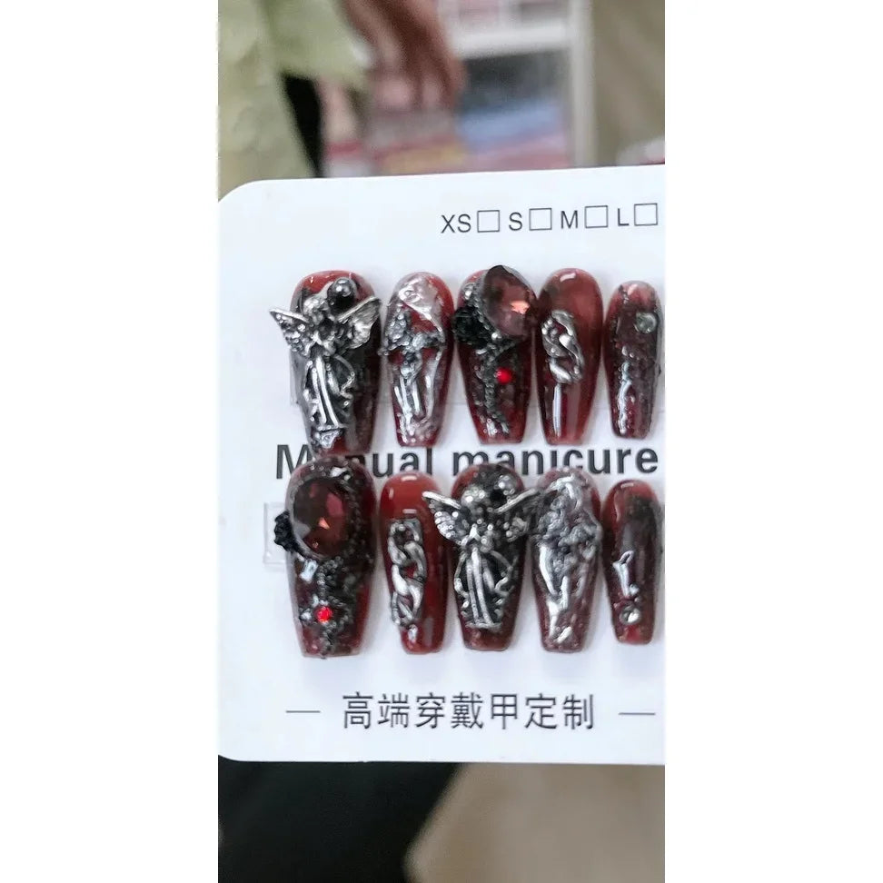 Sweet Cool Dark Style Handmade Fake Nails – Star River & Scarlet Angel Halloween Nail Art Patches