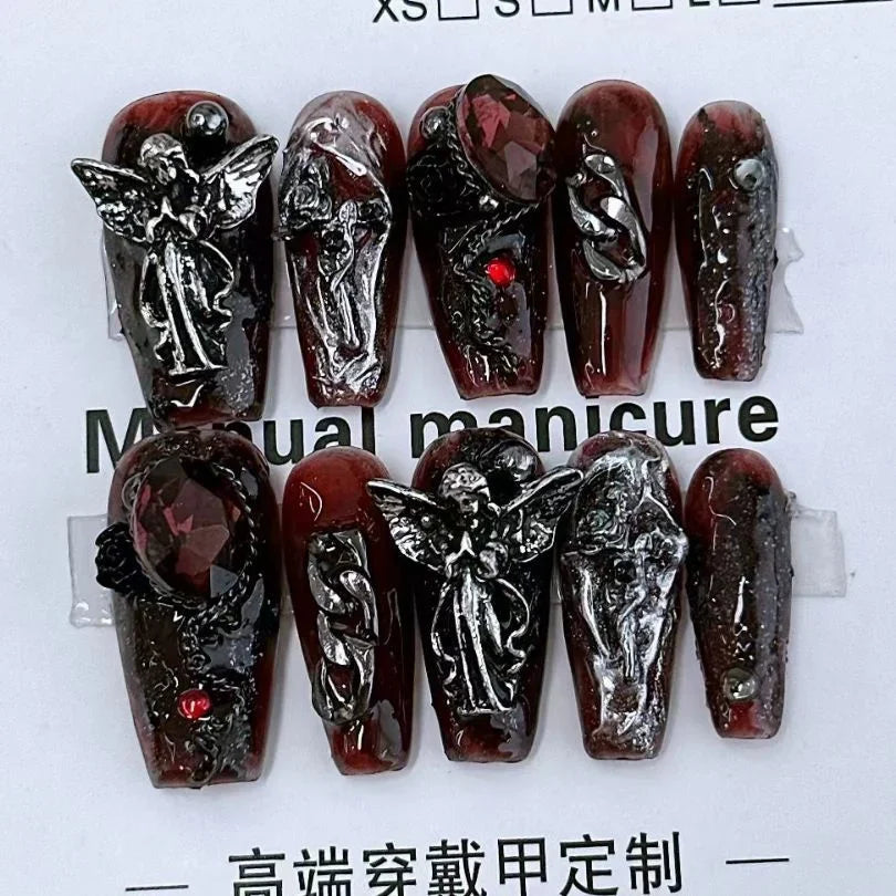 Sweet Cool Dark Style Handmade Fake Nails – Star River & Scarlet Angel Halloween Nail Art Patches