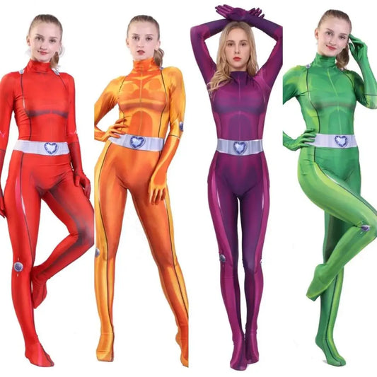 Totally Spies Cosplay Bodysuit – Clover, Samantha & Alex Halloween Jumpsuits for Adults & Kids
